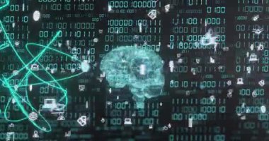 Dijital arkaplan üzerinde ikili kod ve veri işleme sembolleriyle beyin animasyonu. Teknoloji, yapay zeka, makine öğrenme, sinirsel ağ, matris, siber uzay