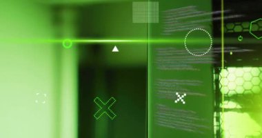 Geometrik şekiller ve kodlama animasyonu yeşil arkaplan üzerinde. Teknoloji, dijital, yazılım, geliştirme, soyut, fütürist