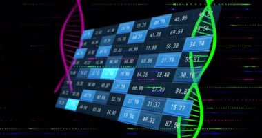 DNA iplikleri ve veri işleme animasyonları sayılarla dijital ızgara üzerinde. Genetik, biyoteknoloji, kodlama, programlama, biyoenformatik, fütüristik