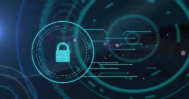 Siyah arkaplan taraması üzerinde asma kilit simgesi resmi. Küresel bağlantılar, teknoloji, hesaplama ve dijital arayüz konsepti dijital olarak oluşturuldu.