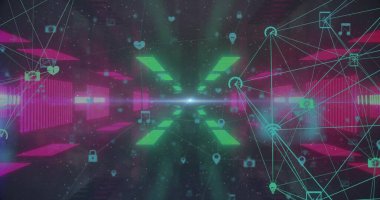 Siyah arkaplan üzerindeki neon şekillerin üzerindeki simgelerle bağlantı ağının resmi. Küresel bağlantılar, teknoloji, hesaplama ve dijital arayüz konsepti dijital olarak oluşturuldu.
