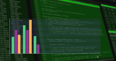 Siyah arkaplanda veri işleme üzerinde grafik resmi. İş, finans, bilgisayar ve dijital arayüz kavramı dijital olarak oluşturulmuş görüntü.