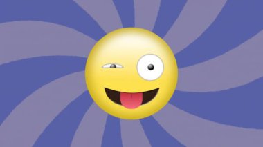 Mavi ve mor spiral arka planda gülümseyen sarı emoji animasyonu. Renkli, canlı, dijital, oyuncu, soyut, neşeli