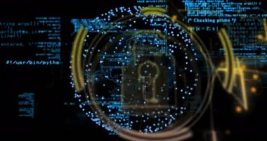 Dijital kod ve veri görselleştirmesi üzerine kilitlenme ve güvenlik animasyonu. siber güvenlik, koruma, şifreleme, teknoloji, çevrimiçi, güvenlik duvarı