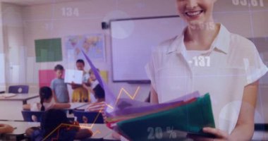 Sınıftaki öğretmen ve öğrencilerin finansal verileri ve grafikleri. Eğitim, finans, teknoloji, öğrenme, öğretim, analitik kavram