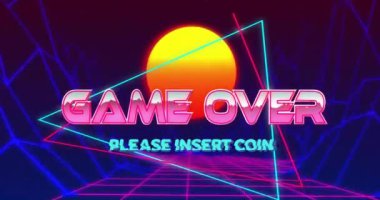 Game Over metni ve lütfen retro neon ızgara ve gün batımı animasyonunun üzerine bozuk para takın. Oyun, oyun salonu, 80 'ler, nostalji, piksel, dijital