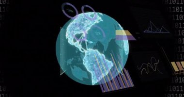 Dijital Dünya üzerinde haritalar ve grafiklerle küresel veri analizi animasyonu. teknoloji, bilgi, ağ, görselleştirme, istatistik, iş