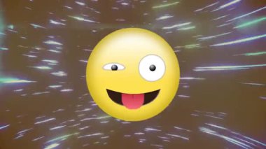 Dili dışarıda göz kırpan emoji, arka planda dinamik ışık çizgileri oluşturur. animasyon, oyun, ifade, renkli, eğlenceli, canlı