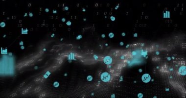 Dijital manzara animasyonu üzerine ikili kod ve veri analiz simgeleri. Teknoloji, kodlama, fütürist, ağ, analiz, sanal