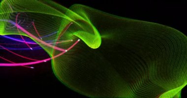 Siyah arkaplan ve animasyon üzerinde soyut şekiller oluşturan renkli neon ışık izleri. canlı, parlak, fütüristik, karanlık, hareket, enerji
