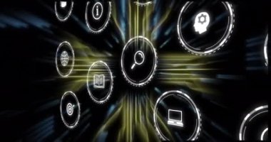 Koyu arkaplan üzerinde çeşitli kavramları ve veri işleme animasyonunu temsil eden simgeler. Teknoloji, ağ, dijital, geleceksel, bilgi, soyut