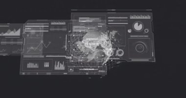 Dünya haritası ve grafikleri üzerinde küresel veri görselleştirme ve analitik animasyon. istatistik, grafikler, teknoloji, dijital, bilgi, fütüristik