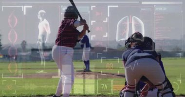 Beyzbol oyuncuları tıbbi veri animasyonu ile hareket halindeler. Spor, teknoloji, analitik, artırılmış gerçeklik, sağlık, istatistik