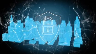 Mavi şehir üzerinde ağ bağlantıları olan kilit ve kalkan güvenlik animasyonu. Siber güvenlik, koruma, teknoloji, dijital, güvenlik, İnternet