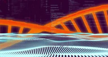 Soyut dijital manzara üzerinde DNA ipliği ve ikili kodlama. Genetik, biyoteknoloji, veri, kod, teknoloji, bilim