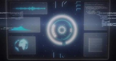 Parlak dairesel arayüz ve grafiklerle geleceksel veri canlandırma animasyonu. Teknoloji, yenilik, dijital, UI, UX, bilgi grafikleri