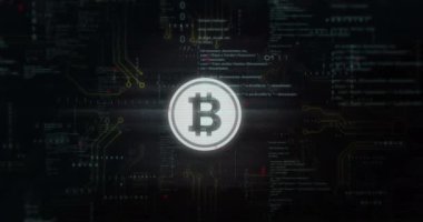 Devre kartı ve ikili kod animasyonu olan Bitcoin sembolü. Kripto para birimi, engelleme zinciri, dijital, finans, teknoloji, sanal para birimi