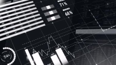Küresel istatistik ve grafikler üzerinde finansal veriler ve şifreleme animasyonu. Finans, siber güvenlik, dijital, teknoloji, iş, analitik