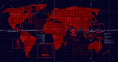 Virüs ve kötü amaçlı yazılım uyarıları içeren dünya haritası, siber güvenlik tehdidi animasyonu. çevrimiçi güvenlik, veri sızıntısı, hackleme, dijital koruma, antivirüs, ağ