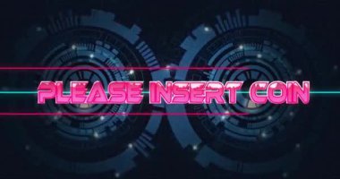 Lütfen gelecekteki dairesel dijital arayüzün üzerine madeni para metin animasyonu takın. Oyun, oyun, bilim kurgu, retro, neon, teknoloji