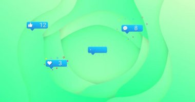 Yeşil soyut arkaplan üzerine sosyal medya bilgilendirmeleri. Teknoloji, dijital, açılır pencere, uyarı, mesaj, çevrimiçi