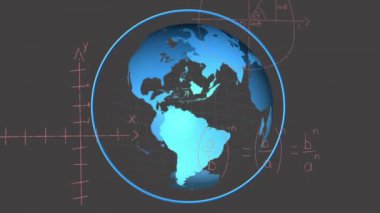 Matematiksel denklemler ve geometrik şekiller dönen dünya üzerinde animasyon oluşturur. Matematik, geometri, rotasyon, eğitim, teknoloji, küresel