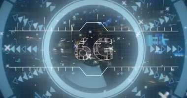 Şehir planlı fütüristik dijital arayüz üzerinde 6G teknoloji animasyonu. yenilik, kablosuz, bağlantı, gelişmiş, akıllı şehir, ağ