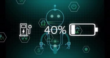 Çevre dostu enerji ikonları ve robot animasyonu için% 100 şarj ediliyor. Sürdürülebilirlik, yenilenebilirlik, yeşil enerji, çevre, teknoloji, yenilik