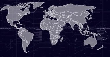 Altıgen desenli ve verili dünya haritası animasyonu gösteriyor. Teknoloji, küresel, ağ, altıgenler, dijital, fütürist