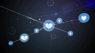 Sağlık hizmetleri ikonları ağı ve karanlık arka planda animasyon bağlantıları. technology, futuristic, digital, medical, innovation, communication