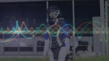 Koruyucu giysili beyzbol yakalayıcısının üzerinde renkli ses dalgaları canlanıyor. spor, teknoloji, dijital, canlı, soyut, oyuncu