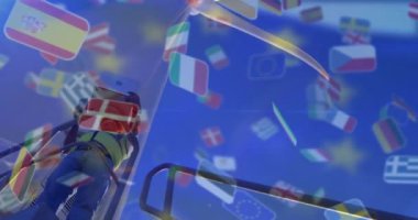 Avrupa Birliği bayrakları üzerinde kaldırma ekipmanı tamircisi. Bakım, onarım, işçilik, inşaat, uluslararası, teknisyen