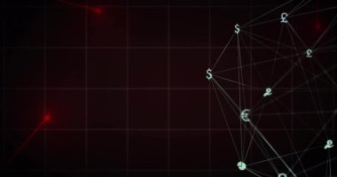 Finansal veriler ve para birimi sembolleri karanlık şebeke arkaplanı üzerinde ağ animasyonu. Finans, dijital, ekonomi, teknoloji, bankacılık
