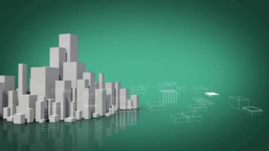 3D cityscape model with wireframe buildings animation on green background. Urban, architecture, futuristic, digital, 3D rendering, green screen