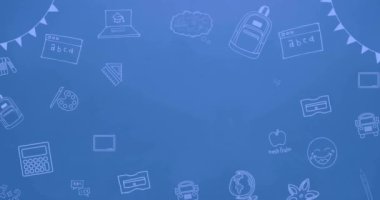 Mavi arkaplandaki okul ögeleri simgeleri üzerine Mutlu Öğretmenler Günü metninin animasyonu. Eğitim, öğrenme ve dijital arayüz kavramı, dijital olarak oluşturulmuş video.