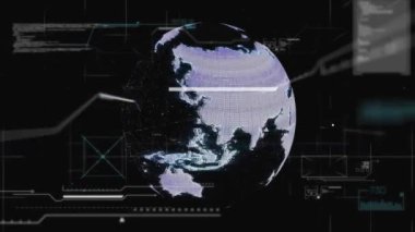 Dijital dünya haritası ve dönen dünya üzerinde veri işleme animasyonu. Global, teknoloji, ağ, bilgi, fütüristik, analitik