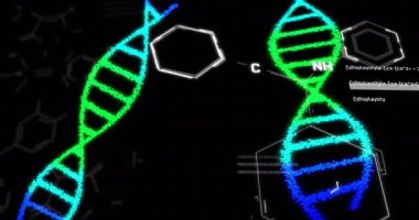 DNA iplikleri, moleküler yapılar, bilimsel veri işleme animasyonu. Genetik, biyoteknoloji, moleküler biyoloji, atom, genom, mikro ölçek kavramı