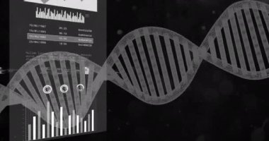 DNA ipliği ve veri çizelgesi bilimsel metin arkaplanı üzerinde animasyon oluşturur. Biyoteknoloji, genetik, araştırma, veri analizi, laboratuvar, moleküler