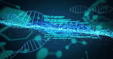 DNA iplikleri ve ikili kodlama, bilimsel veri işleme animasyonu. Biyoteknoloji, genetik, moleküler, biyoenformatik, sıralama, çift sarmal konsepti