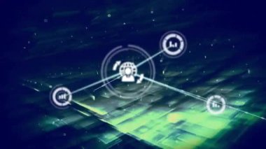 Dijital ızgara üzerinden birbirine bağlı simgeler ve veri işleme animasyonları ağı. teknoloji, bağlantı, bilgi, sanal, geleceksel, internet