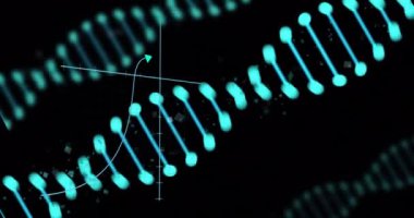 DNA ipliği ve matematiksel formüller, bilimsel veri işleme animasyonu. Bilim, araştırma, biyoteknoloji, genetik, biyoloji, veri analizi