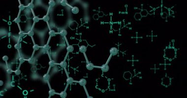Moleküler yapılar ve kimyasal formüller, siyah arkaplan üzerinde bilimsel araştırma animasyonu. Bilim, kimya, laboratuvar, animasyon, teknoloji, eğitim
