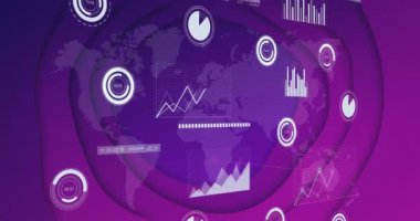 Grafikler ve grafikler dünya haritasında mor tonlarda. Veri, analitik, küresel, görselleştirme, istatistik, bilgi grafikleri