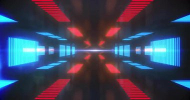 Işıklı kırmızı ve mavi geometrik şekiller, fütüristik animasyon. soyut, dijital, modern, teknoloji, hareket, tasarım