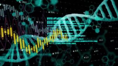 Bilimsel grafik ve grafikler üzerinde DNA ipliği ve veri analizi. Bilim, teknoloji, biyoteknoloji, genetik, biyoenformatik, araştırma