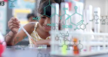 Bilim deneyinde pipetini kullanan kız, kimyasal yapı animasyonlarıyla çevrili. lab, kimya, laboratuvar ekipmanları, araştırma, teknoloji, yenilik