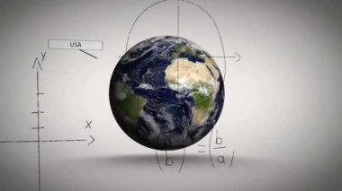 Matematiksel denklemler ve ülke etiketleriyle Dünya 'yı döndüren animasyon. Küresel, matematik, coğrafya, ülkeler, eğitim, bilim
