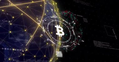 Dijital ağ ve veri işleme animasyonuna sahip bitcoin sembolü. Kripto para birimi, engelleme zinciri, dijital para birimi, fintech, ademi merkeziyet, yatırım