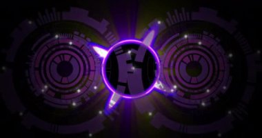 Parlak mor dairesel desenli geleceksel animasyon ve ortada Fi metni. teknoloji, dijital, soyut, neon, bilim kurgu, modern