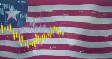 Finansal veriler ve borsa animasyonları Amerikan bayrağını dalgalandırıyor. Maliye, ekonomi, ticaret, yatırım, analitik, istatistik